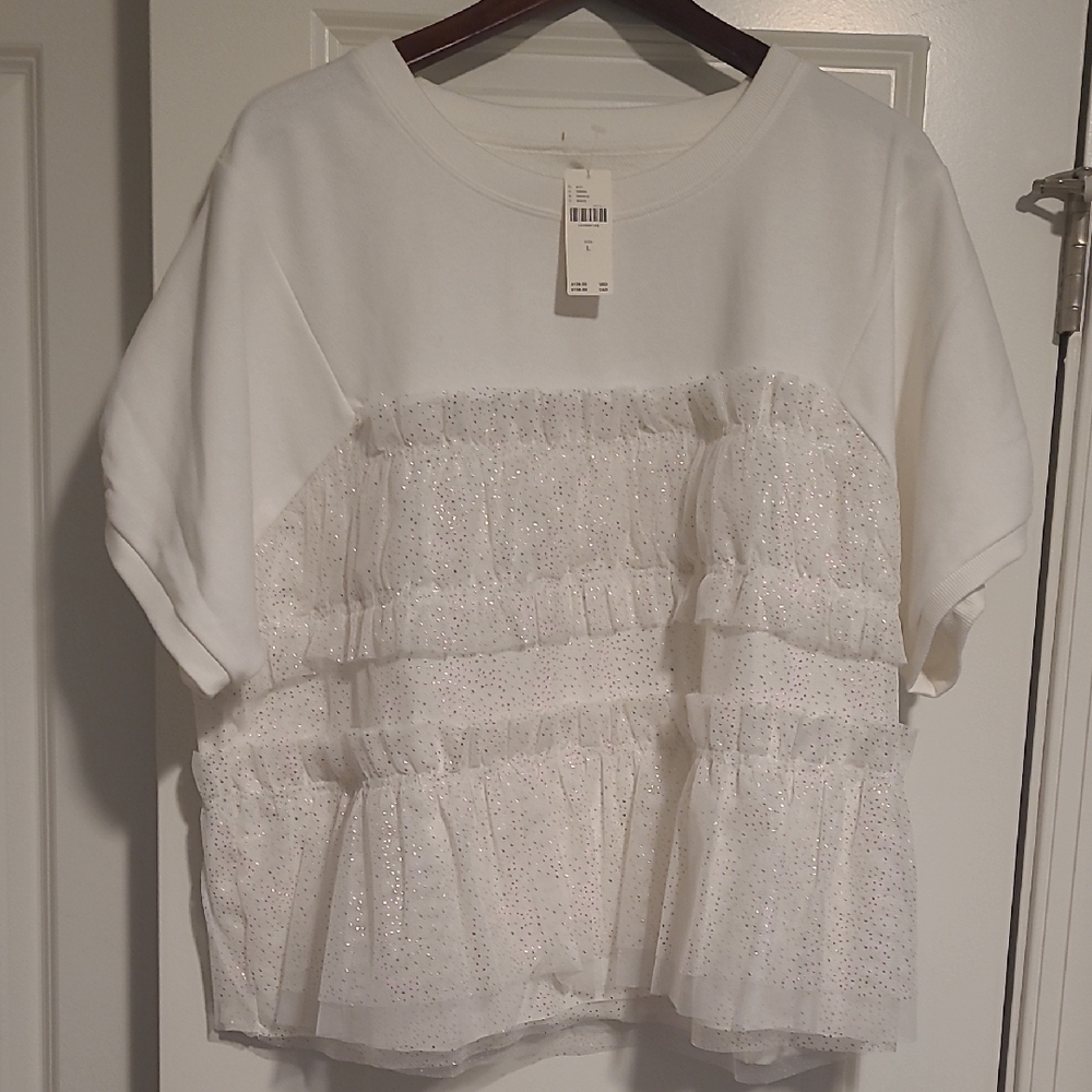Maeve White Glitter Ruffle Tee